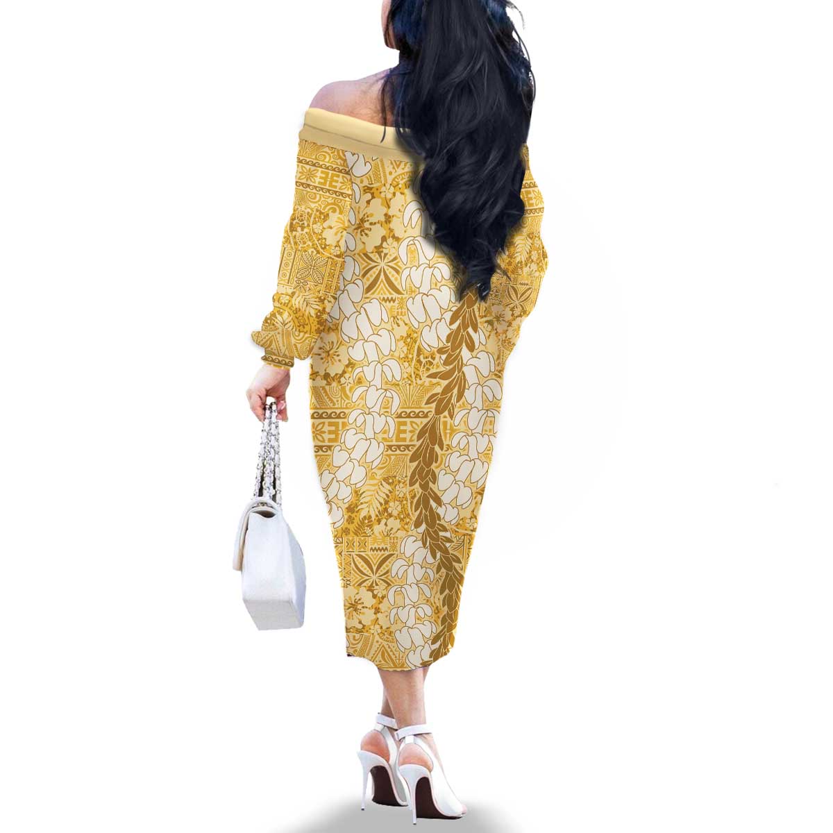 Gold Puakenikeni and Maile Lei Family Matching Off The Shoulder Long Sleeve Dress and Hawaiian Shirt Hawaiian Style Tribal Tapa Double Strand Lei LT9 - Polynesian Pride