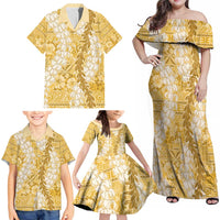 Gold Puakenikeni and Maile Lei Family Matching Off Shoulder Maxi Dress and Hawaiian Shirt Hawaiian Style Tribal Tapa Double Strand Lei