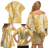 Gold Puakenikeni and Maile Lei Family Matching Off Shoulder Short Dress and Hawaiian Shirt Hawaiian Style Tribal Tapa Double Strand Lei LT9 - Polynesian Pride