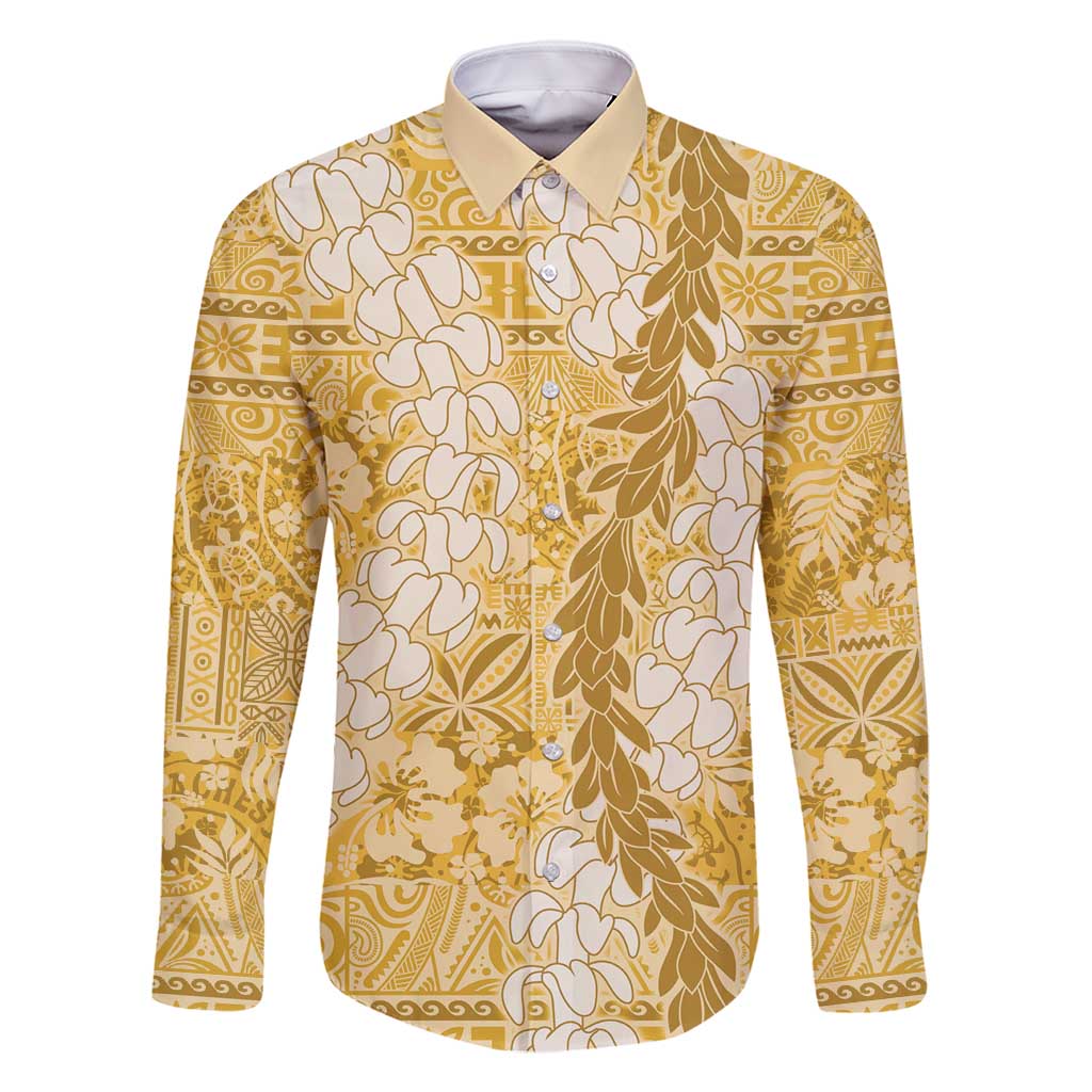 Gold Puakenikeni and Maile Lei Family Matching Off Shoulder Short Dress and Hawaiian Shirt Hawaiian Style Tribal Tapa Double Strand Lei LT9 Dad's Shirt - Long Sleeve Gold - Polynesian Pride