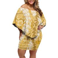 Gold Puakenikeni and Maile Lei Family Matching Off Shoulder Short Dress and Hawaiian Shirt Hawaiian Style Tribal Tapa Double Strand Lei LT9 Mom's Dress Gold - Polynesian Pride