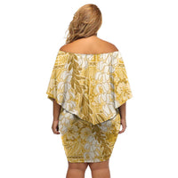 Gold Puakenikeni and Maile Lei Family Matching Off Shoulder Short Dress and Hawaiian Shirt Hawaiian Style Tribal Tapa Double Strand Lei LT9 - Polynesian Pride