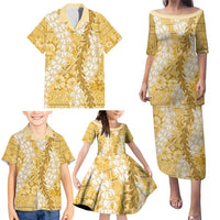 Gold Puakenikeni and Maile Lei Family Matching Puletasi and Hawaiian Shirt Hawaiian Style Tribal Tapa Double Strand Lei LT9 - Polynesian Pride