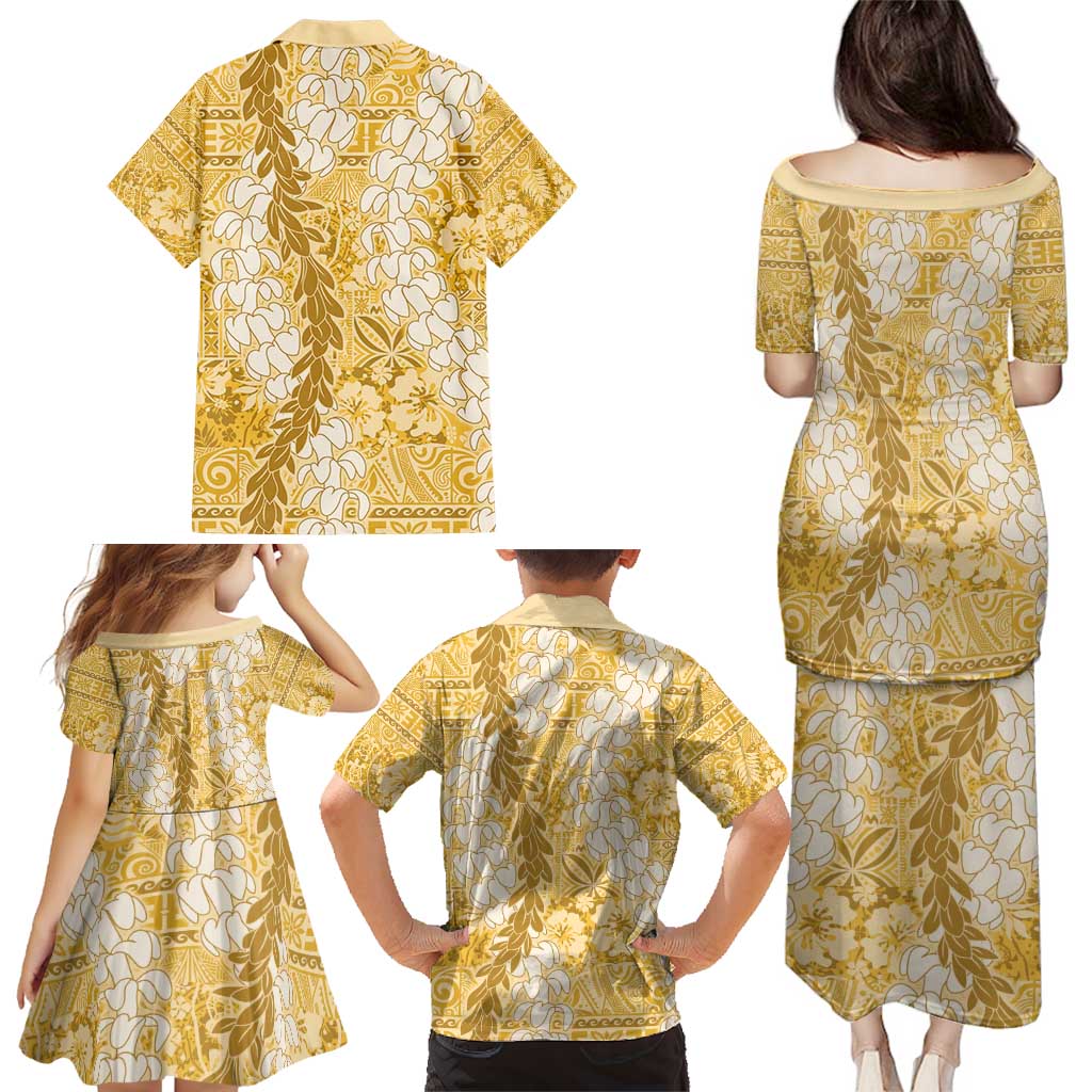 Gold Puakenikeni and Maile Lei Family Matching Puletasi and Hawaiian Shirt Hawaiian Style Tribal Tapa Double Strand Lei LT9 - Polynesian Pride