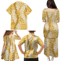 Gold Puakenikeni and Maile Lei Family Matching Puletasi and Hawaiian Shirt Hawaiian Style Tribal Tapa Double Strand Lei LT9 - Polynesian Pride