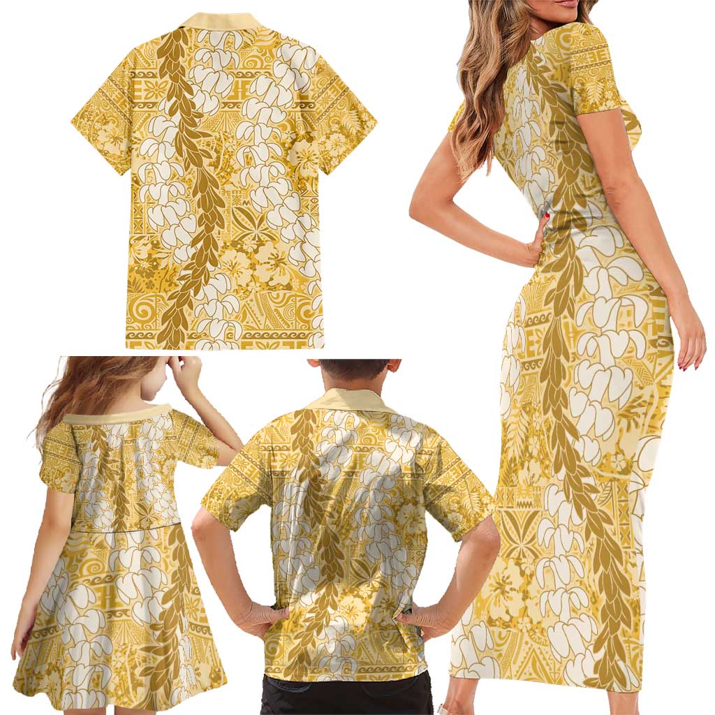 Gold Puakenikeni and Maile Lei Family Matching Short Sleeve Bodycon Dress and Hawaiian Shirt Hawaiian Style Tribal Tapa Double Strand Lei LT9 - Polynesian Pride