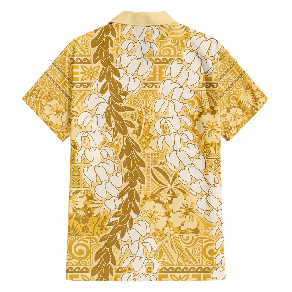 Gold Puakenikeni and Maile Lei Family Matching Short Sleeve Bodycon Dress and Hawaiian Shirt Hawaiian Style Tribal Tapa Double Strand Lei LT9 - Polynesian Pride