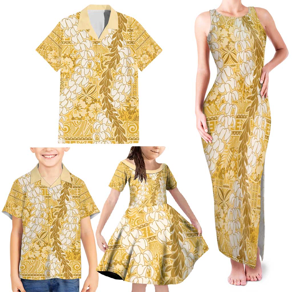 Gold Puakenikeni and Maile Lei Family Matching Tank Maxi Dress and Hawaiian Shirt Hawaiian Style Tribal Tapa Double Strand Lei