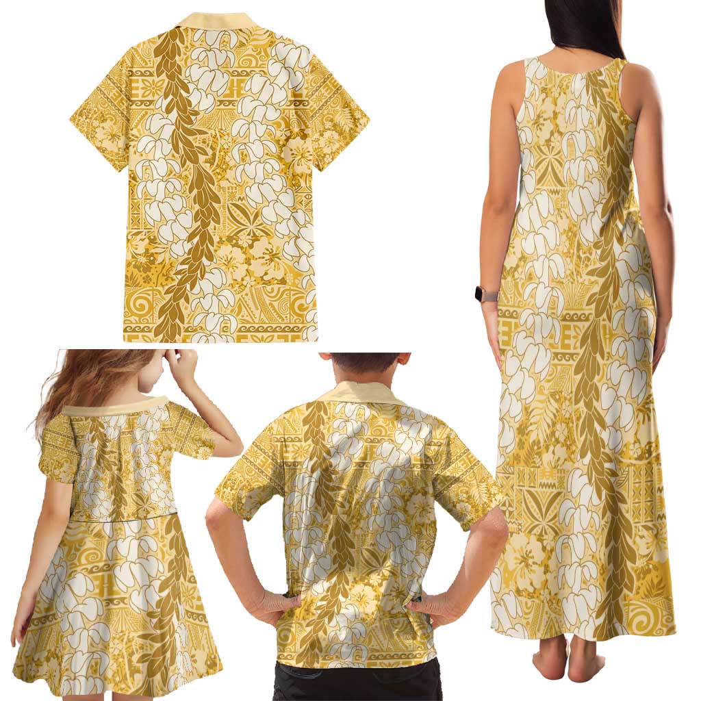 Gold Puakenikeni and Maile Lei Family Matching Tank Maxi Dress and Hawaiian Shirt Hawaiian Style Tribal Tapa Double Strand Lei