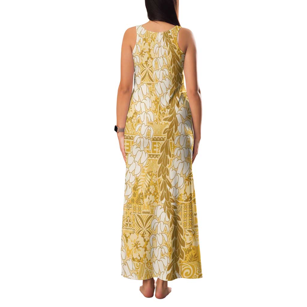 Gold Puakenikeni and Maile Lei Family Matching Tank Maxi Dress and Hawaiian Shirt Hawaiian Style Tribal Tapa Double Strand Lei