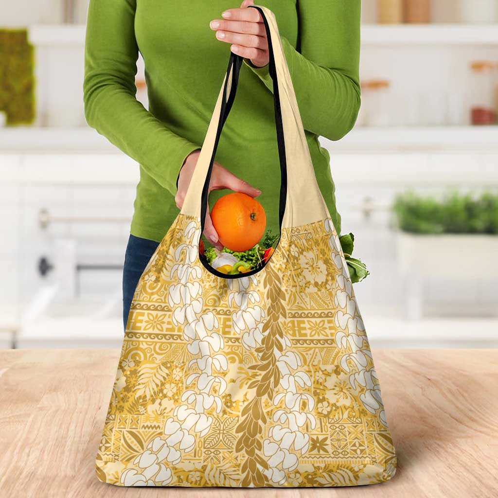 Gold Puakenikeni and Maile Lei Grocery Bag Hawaiian Style Tribal Tapa Double Strand Lei