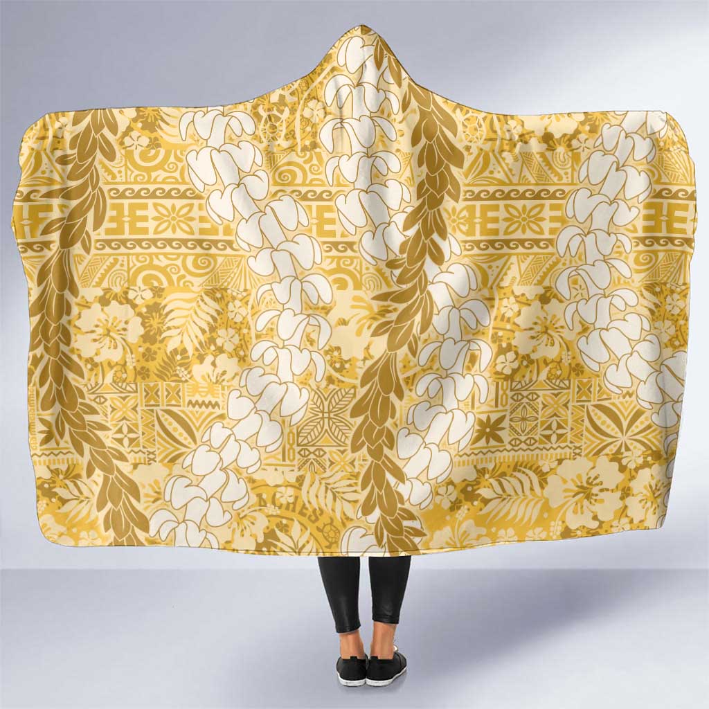 Gold Puakenikeni and Maile Lei Hooded Blanket Hawaiian Style Tribal Tapa Double Strand Lei