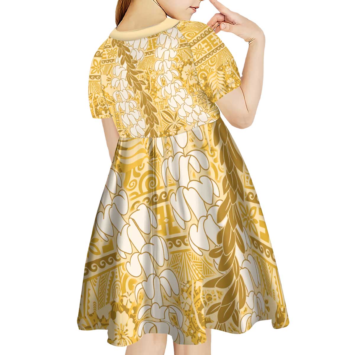 Gold Puakenikeni and Maile Lei Kid Short Sleeve Dress Hawaiian Style Tribal Tapa Double Strand Lei
