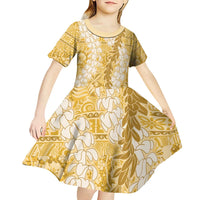 Gold Puakenikeni and Maile Lei Kid Short Sleeve Dress Hawaiian Style Tribal Tapa Double Strand Lei