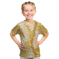 Gold Puakenikeni and Maile Lei Kid T Shirt Hawaiian Style Tribal Tapa Double Strand Lei LT9 Gold - Polynesian Pride
