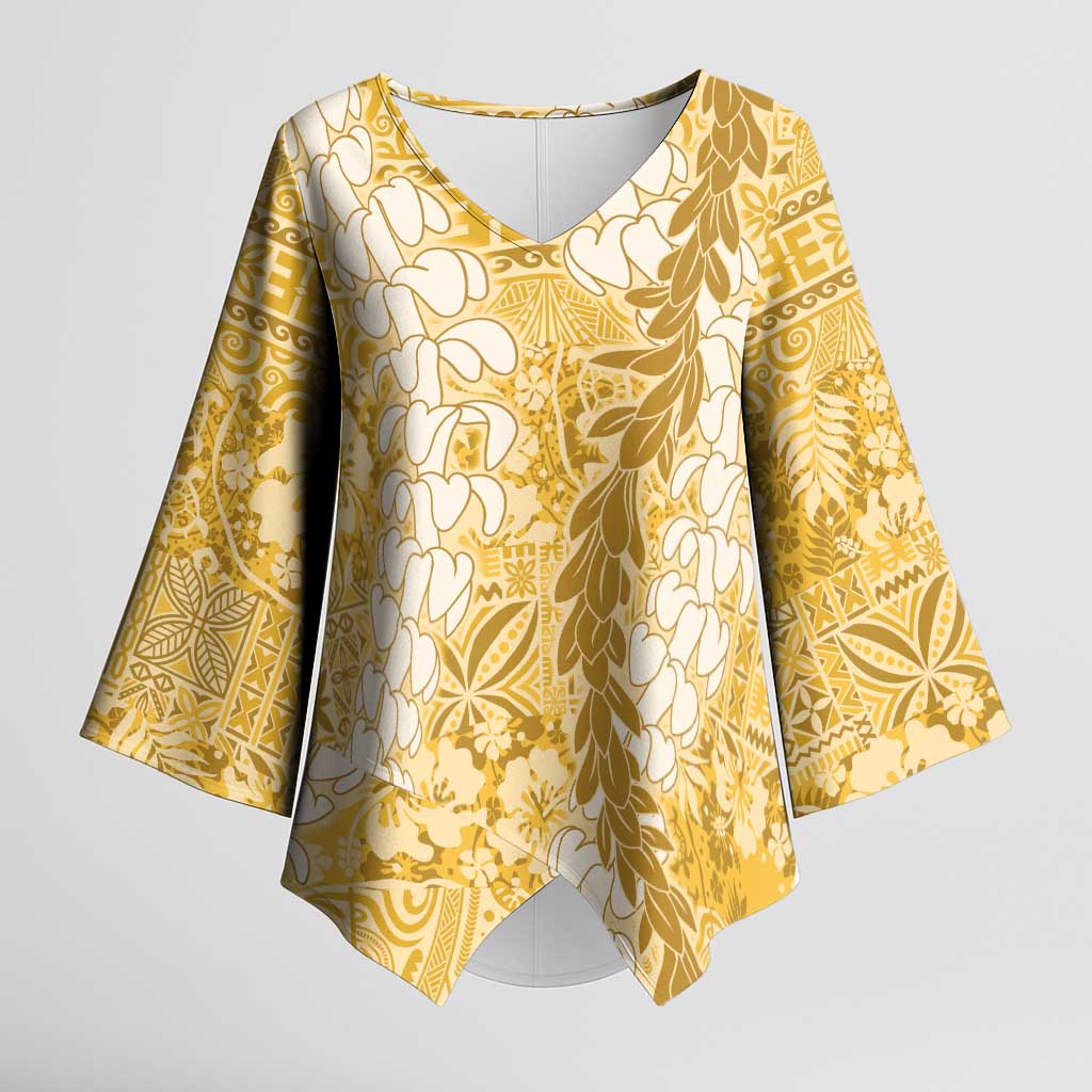 Gold Puakenikeni and Maile Lei Kimono Sleeve Blouse Hawaiian Style Tribal Tapa Double Strand Lei - Polynesian Pride