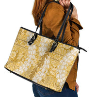 Gold Puakenikeni and Maile Lei Leather Tote Bag Hawaiian Style Tribal Tapa Double Strand Lei LT9 - Polynesian Pride