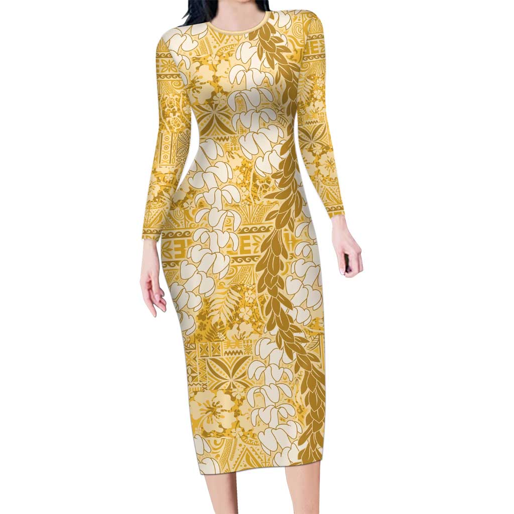Gold Puakenikeni and Maile Lei Long Sleeve Bodycon Dress Hawaiian Style Tribal Tapa Double Strand Lei