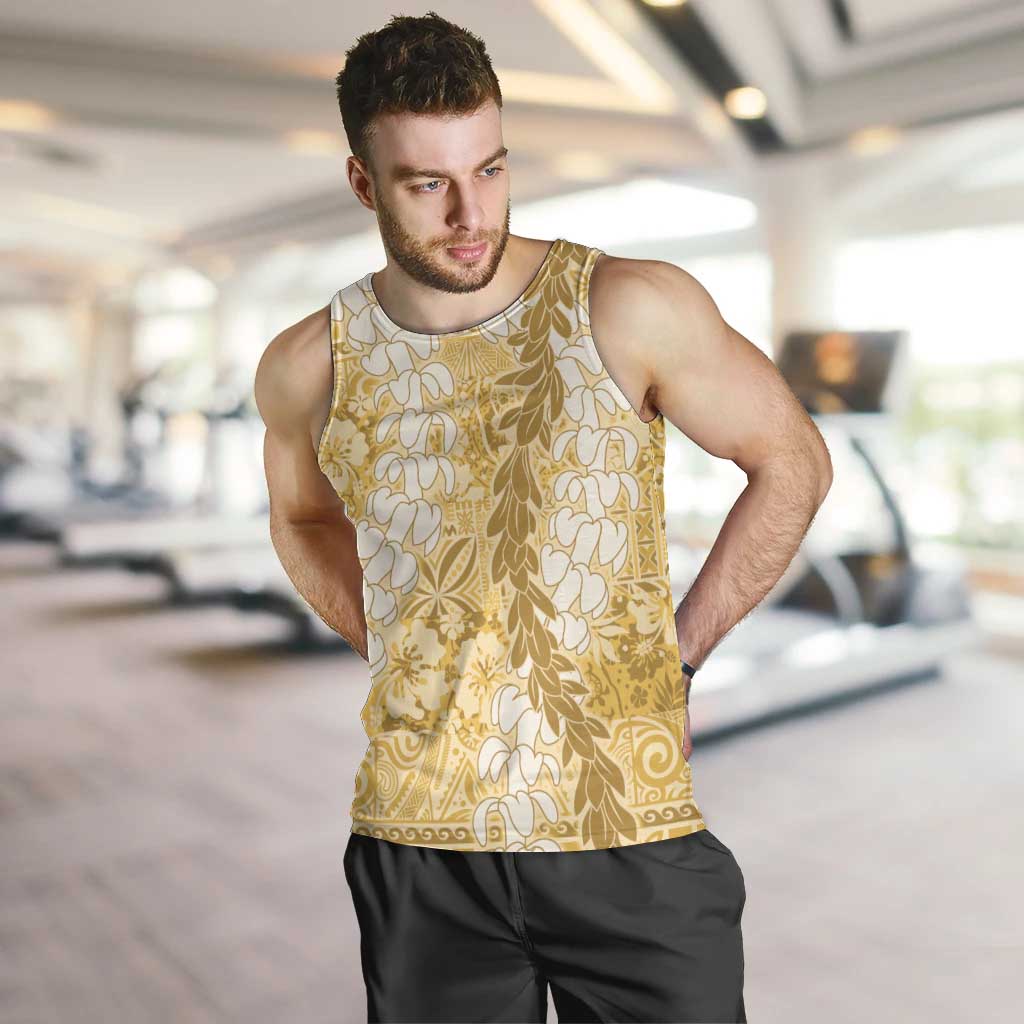 Gold Puakenikeni and Maile Lei Men Tank Top Hawaiian Style Tribal Tapa Double Strand Lei LT9 Gold - Polynesian Pride