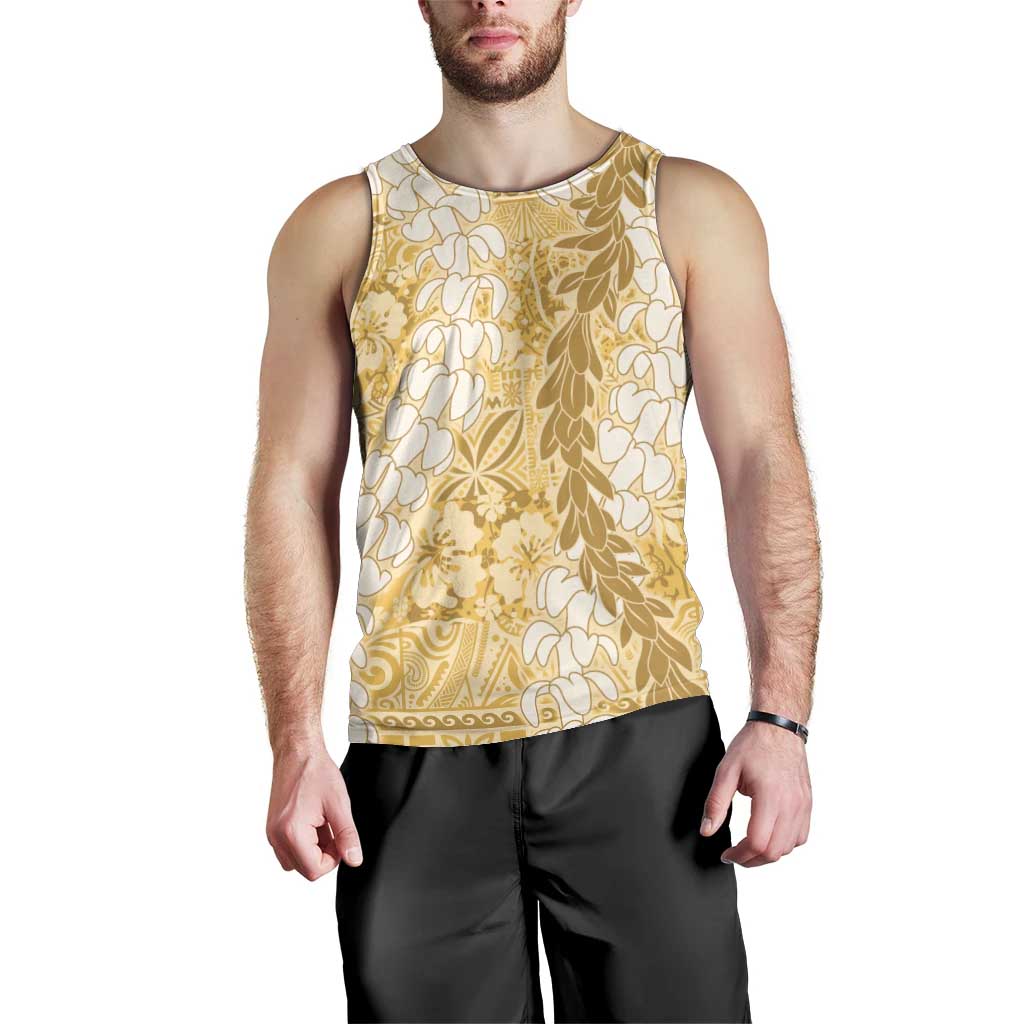 Gold Puakenikeni and Maile Lei Men Tank Top Hawaiian Style Tribal Tapa Double Strand Lei LT9 - Polynesian Pride