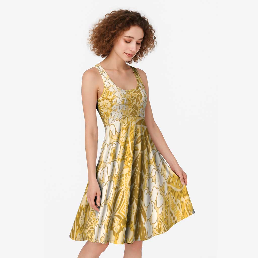 Gold Puakenikeni and Maile Lei Midi Dress Hawaiian Style Tribal Tapa Double Strand Lei - Polynesian Pride