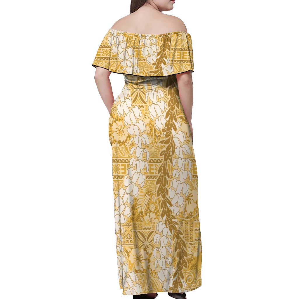 Gold Puakenikeni and Maile Lei Off Shoulder Maxi Dress Hawaiian Style Tribal Tapa Double Strand Lei LT9 - Polynesian Pride
