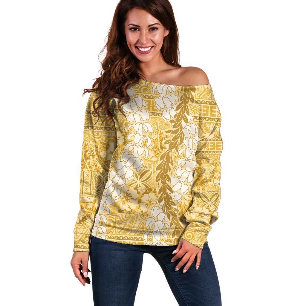 Gold Puakenikeni and Maile Lei Off Shoulder Sweater Hawaiian Style Tribal Tapa Double Strand Lei