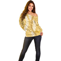 Gold Puakenikeni and Maile Lei Off Shoulder Sweater Hawaiian Style Tribal Tapa Double Strand Lei