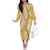 Gold Puakenikeni and Maile Lei Off The Shoulder Long Sleeve Dress Hawaiian Style Tribal Tapa Double Strand Lei