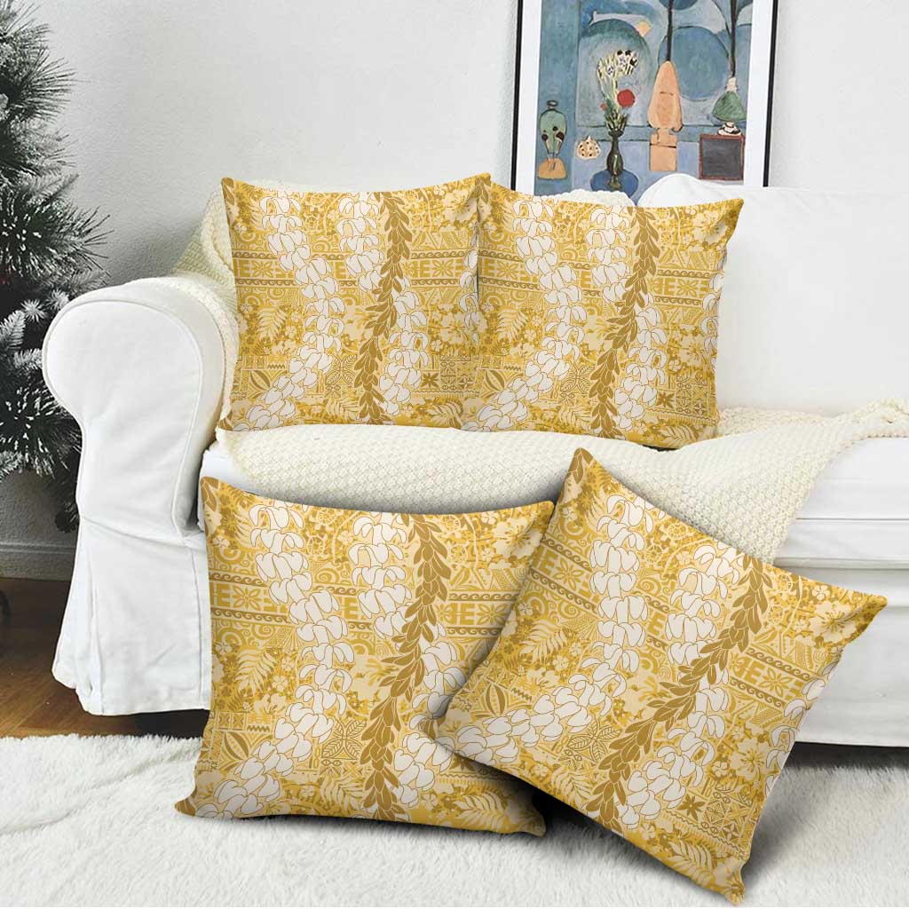 Gold Puakenikeni and Maile Lei Pillow Cover Hawaiian Style Tribal Tapa Double Strand Lei - Polynesian Pride