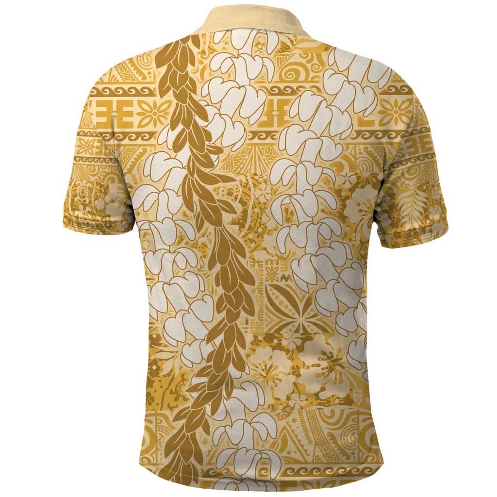 Gold Puakenikeni and Maile Lei Polo Shirt Hawaiian Style Tribal Tapa Double Strand Lei