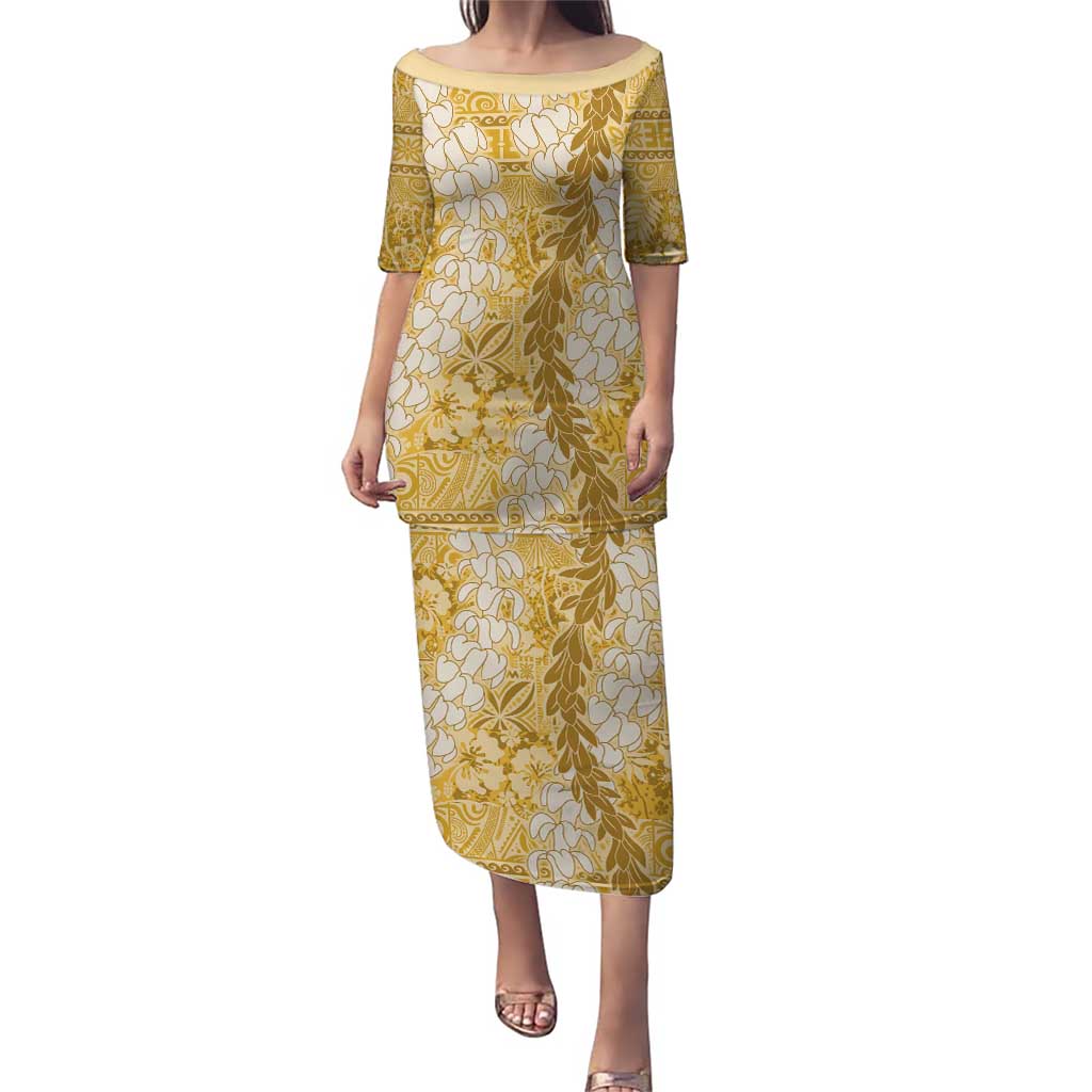 Gold Puakenikeni and Maile Lei Puletasi Hawaiian Style Tribal Tapa Double Strand Lei