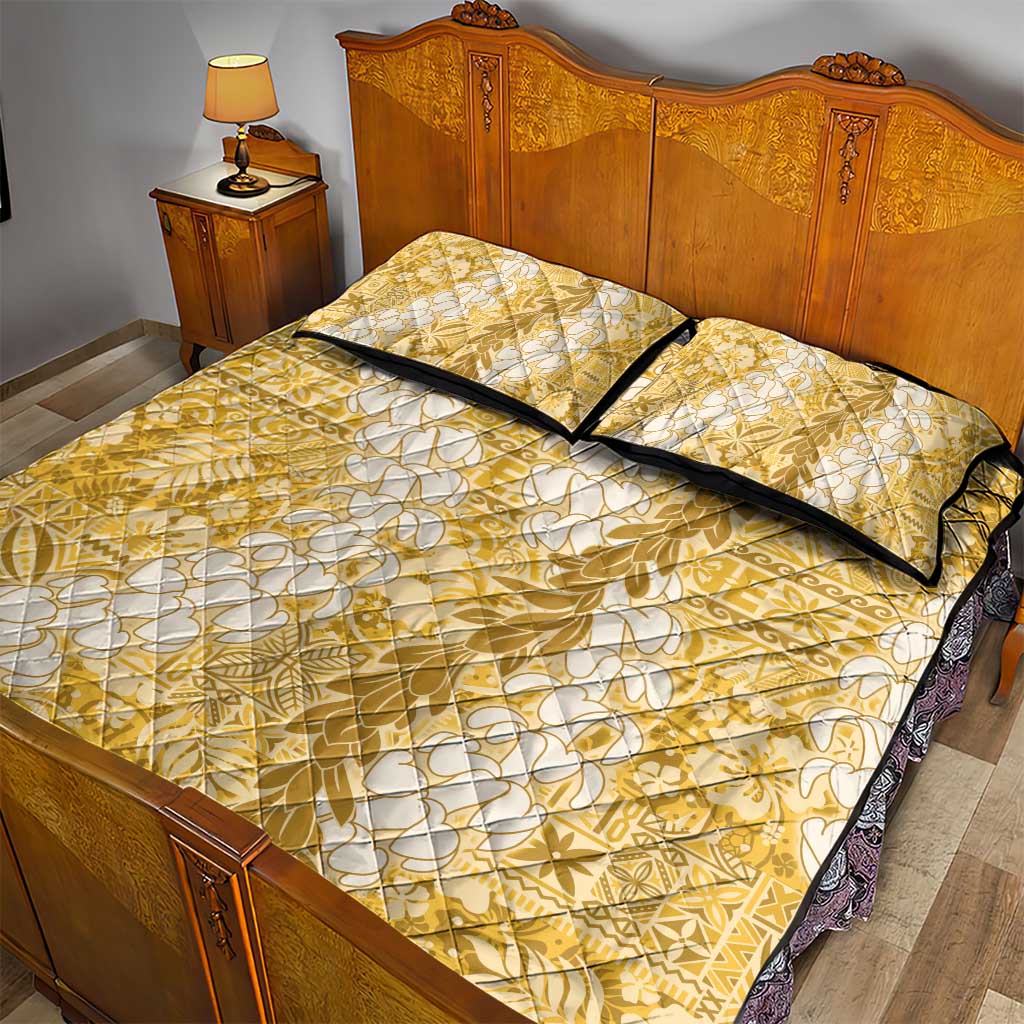 Gold Puakenikeni and Maile Lei Quilt Bed Set Hawaiian Style Tribal Tapa Double Strand Lei