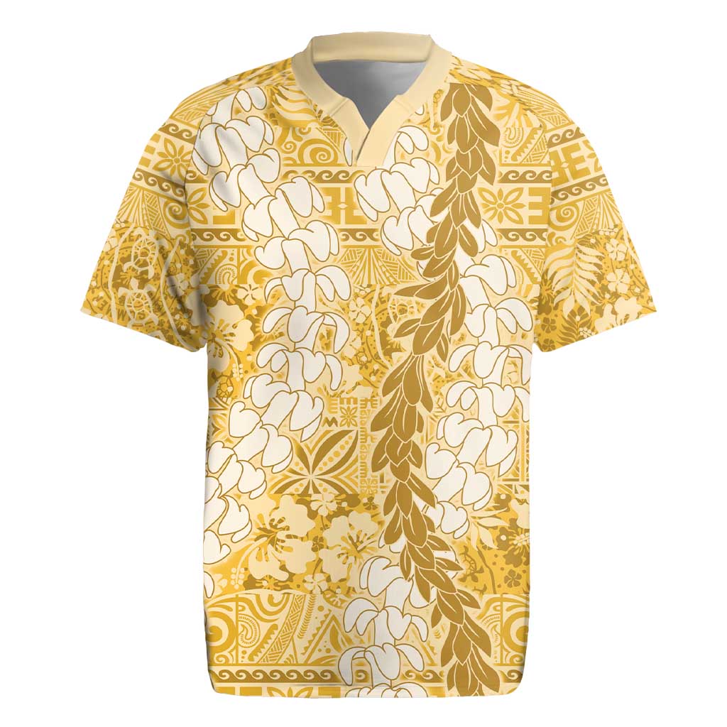 Gold Puakenikeni and Maile Lei Rugby Jersey Hawaiian Style Tribal Tapa Double Strand Lei