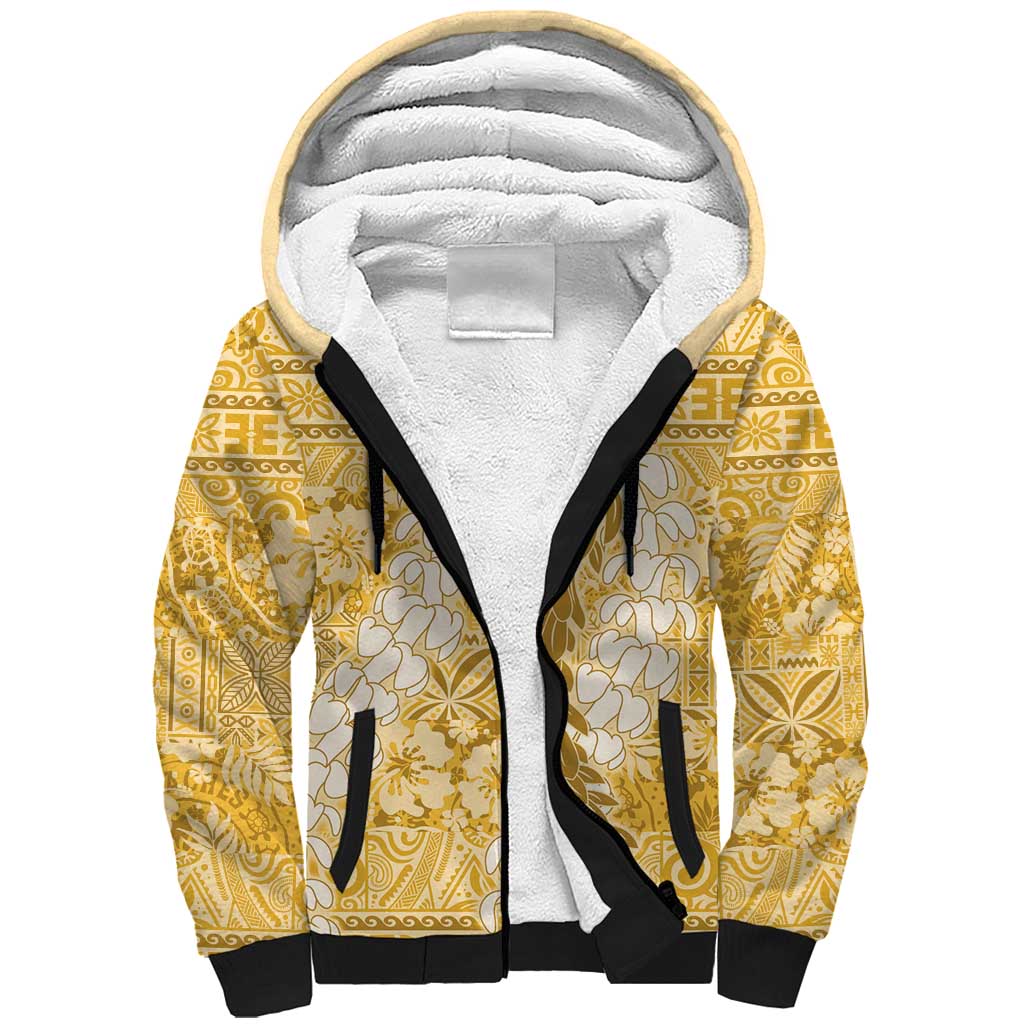 Gold Puakenikeni and Maile Lei Sherpa Hoodie Hawaiian Style Tribal Tapa Double Strand Lei