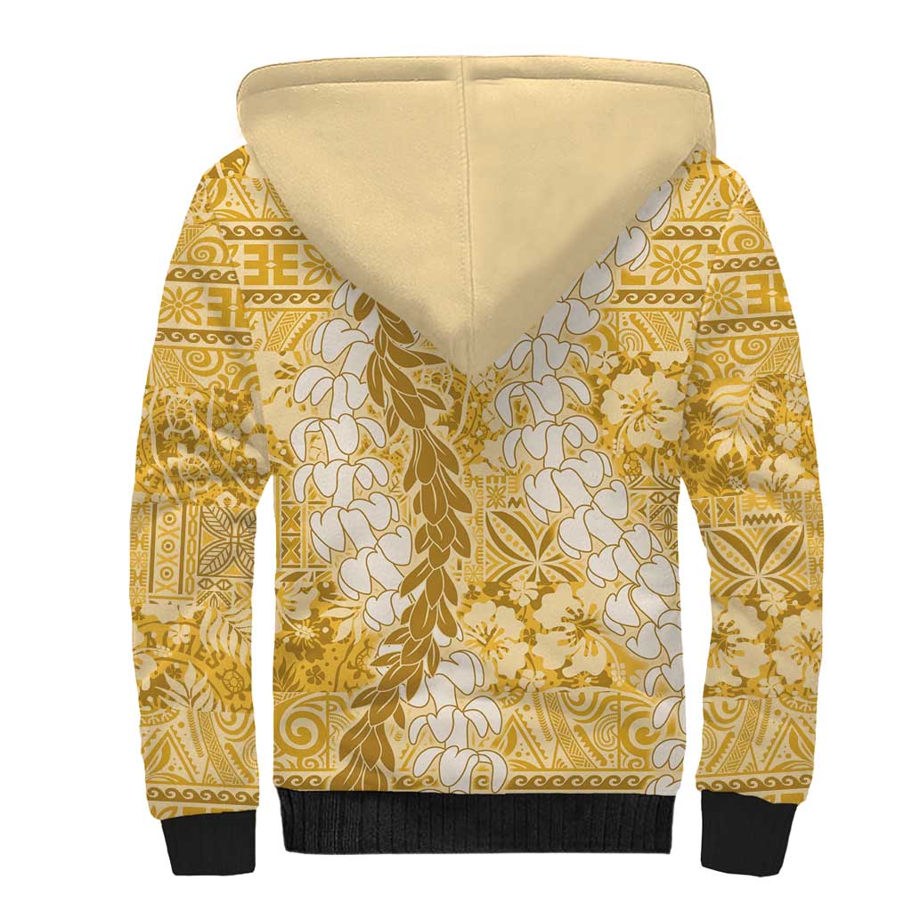 Gold Puakenikeni and Maile Lei Sherpa Hoodie Hawaiian Style Tribal Tapa Double Strand Lei