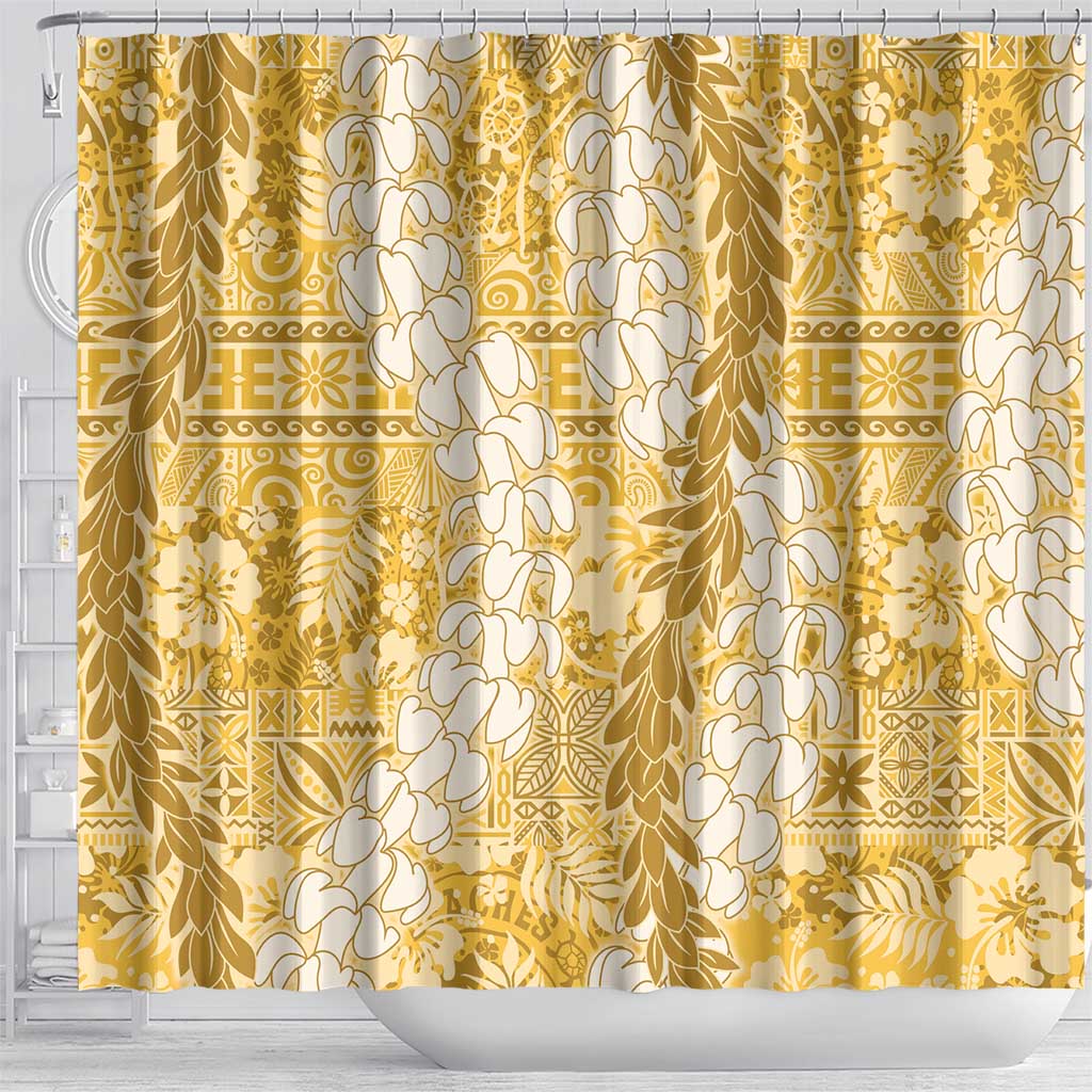 Gold Puakenikeni and Maile Lei Shower Curtain Hawaiian Style Tribal Tapa Double Strand Lei LT9 - Polynesian Pride
