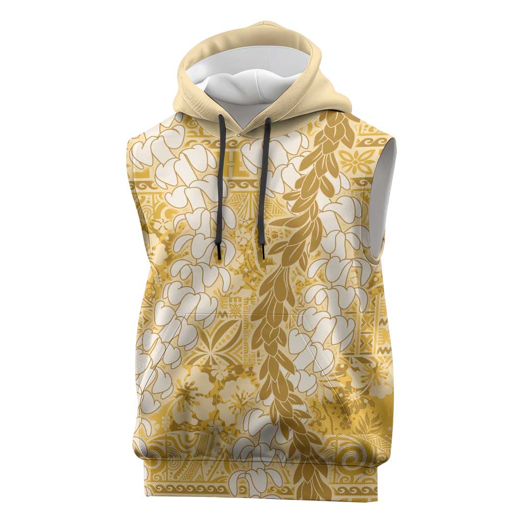 Gold Puakenikeni and Maile Lei Sleeveless Hoodie Hawaiian Style Tribal Tapa Double Strand Lei - Polynesian Pride