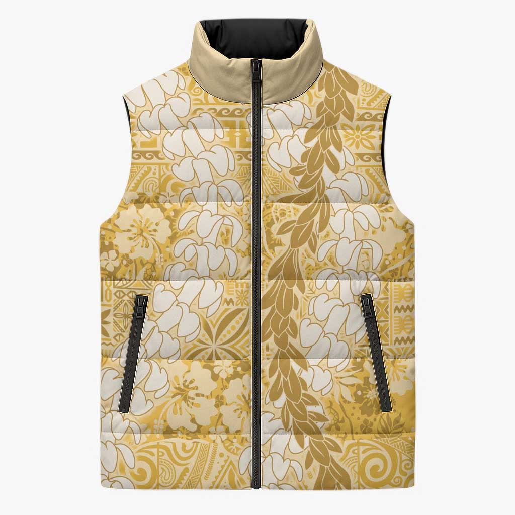 Gold Puakenikeni and Maile Lei Sleeveless Puffer Jacket Hawaiian Style Tribal Tapa Double Strand Lei - Polynesian Pride