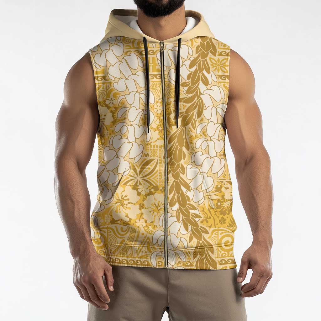 Gold Puakenikeni and Maile Lei Sleeveless Zip Hoodie Hawaiian Style Tribal Tapa Double Strand Lei - Polynesian Pride