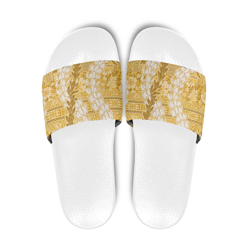 Gold Puakenikeni and Maile Lei Slide Sandals Hawaiian Style Tribal Tapa Double Strand Lei - Polynesian Pride
