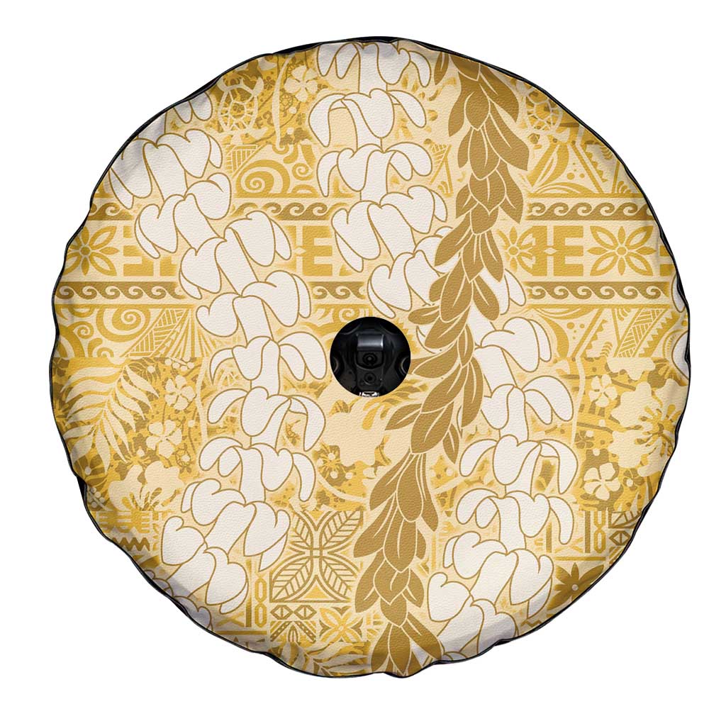 Gold Puakenikeni and Maile Lei Spare Tire Cover Hawaiian Style Tribal Tapa Double Strand Lei