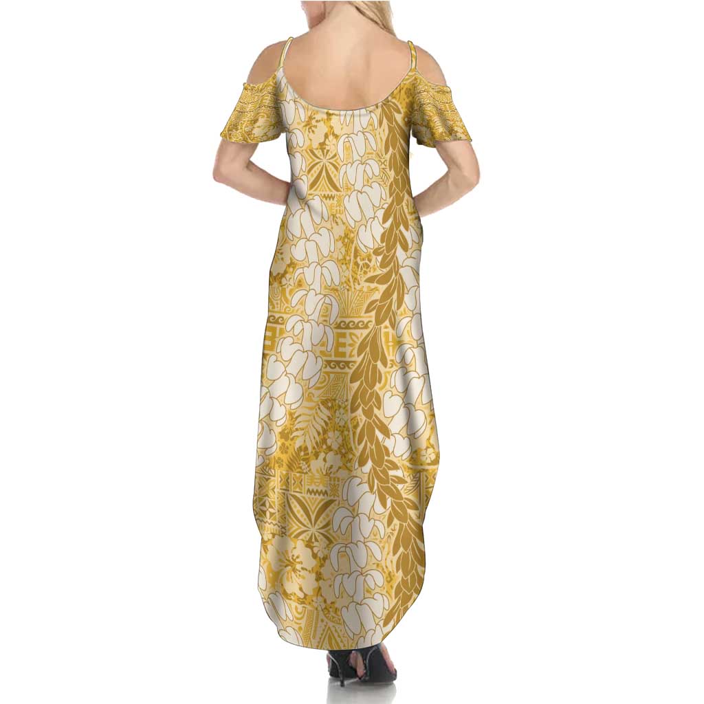Gold Puakenikeni and Maile Lei Summer Maxi Dress Hawaiian Style Tribal Tapa Double Strand Lei LT9 - Polynesian Pride