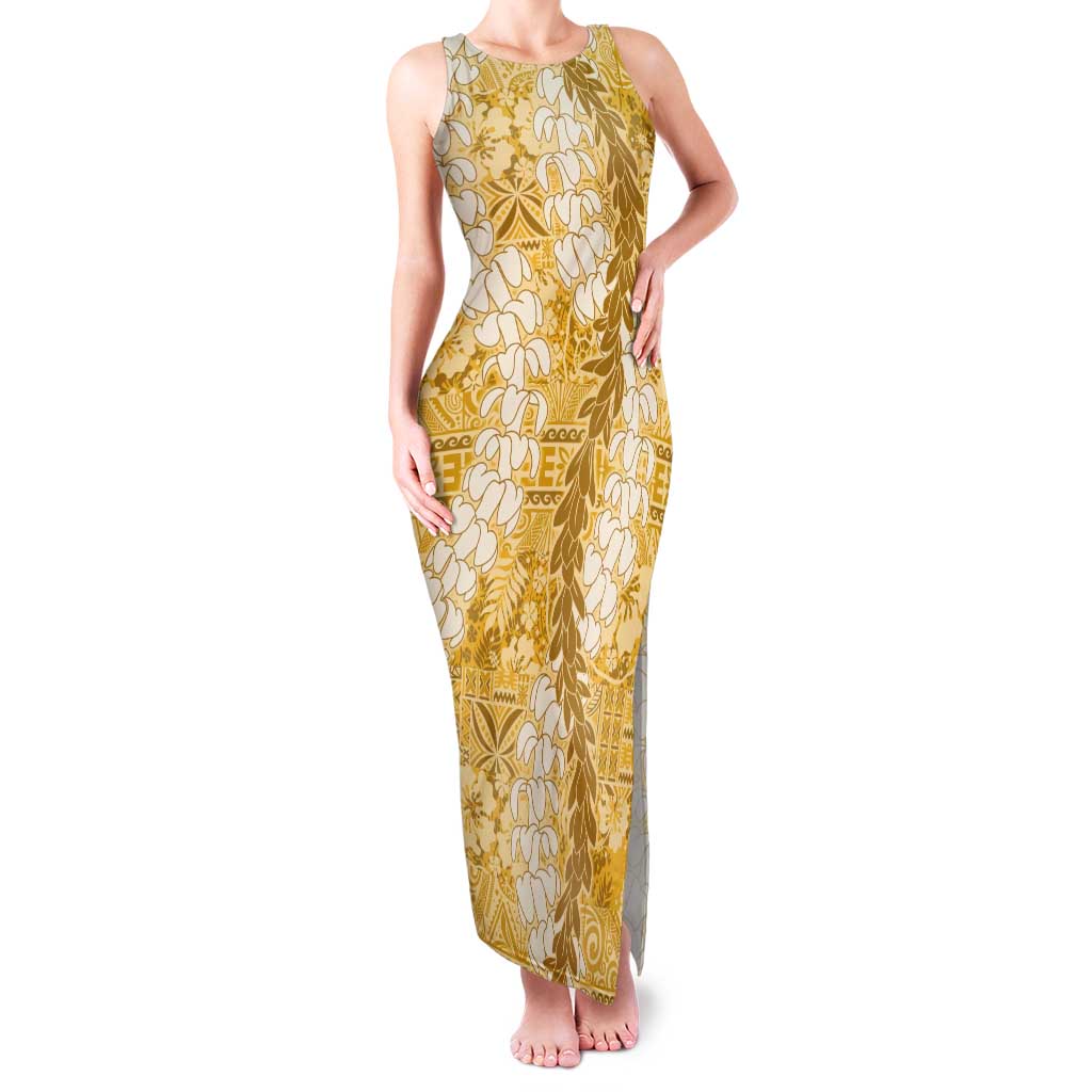 Gold Puakenikeni and Maile Lei Tank Maxi Dress Hawaiian Style Tribal Tapa Double Strand Lei