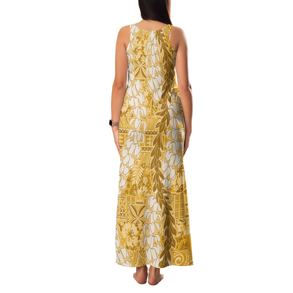 Gold Puakenikeni and Maile Lei Tank Maxi Dress Hawaiian Style Tribal Tapa Double Strand Lei