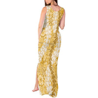 Gold Puakenikeni and Maile Lei Tank Maxi Dress Hawaiian Style Tribal Tapa Double Strand Lei