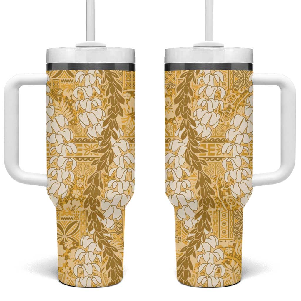 Gold Puakenikeni and Maile Lei Tumbler With Handle Hawaiian Style Tribal Tapa Double Strand Lei