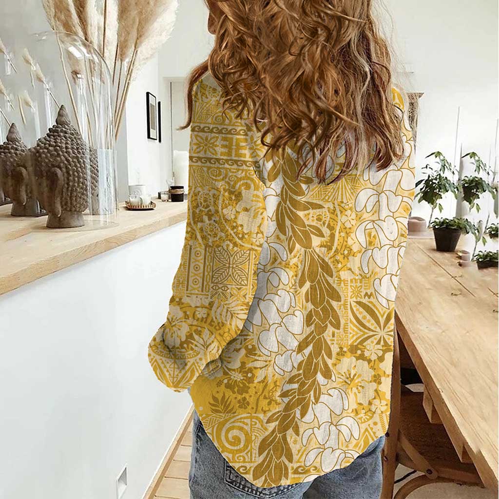 Gold Puakenikeni and Maile Lei Women Casual Shirt Hawaiian Style Tribal Tapa Double Strand Lei
