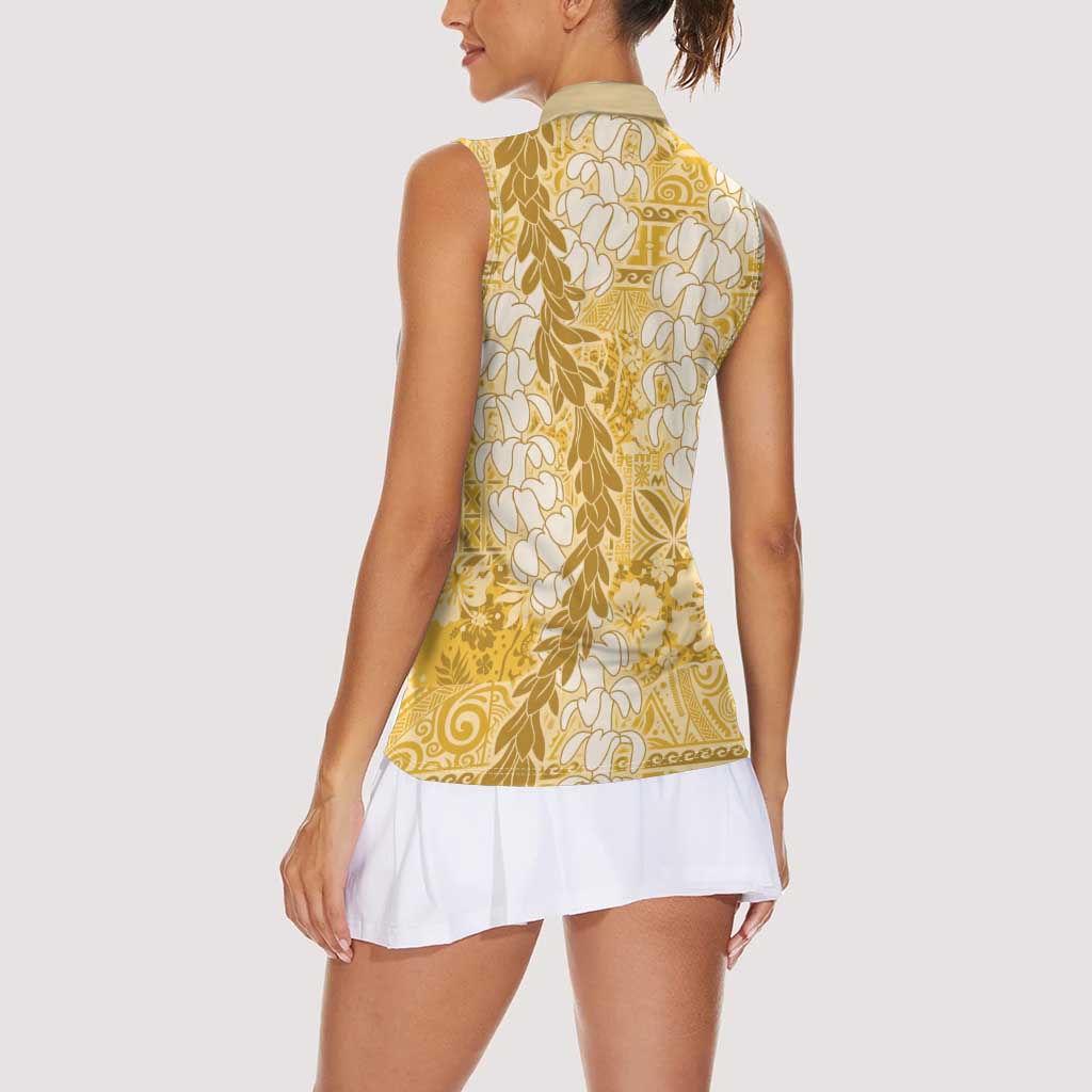 Gold Puakenikeni and Maile Lei Women Sleeveless Polo Shirt Hawaiian Style Tribal Tapa Double Strand Lei