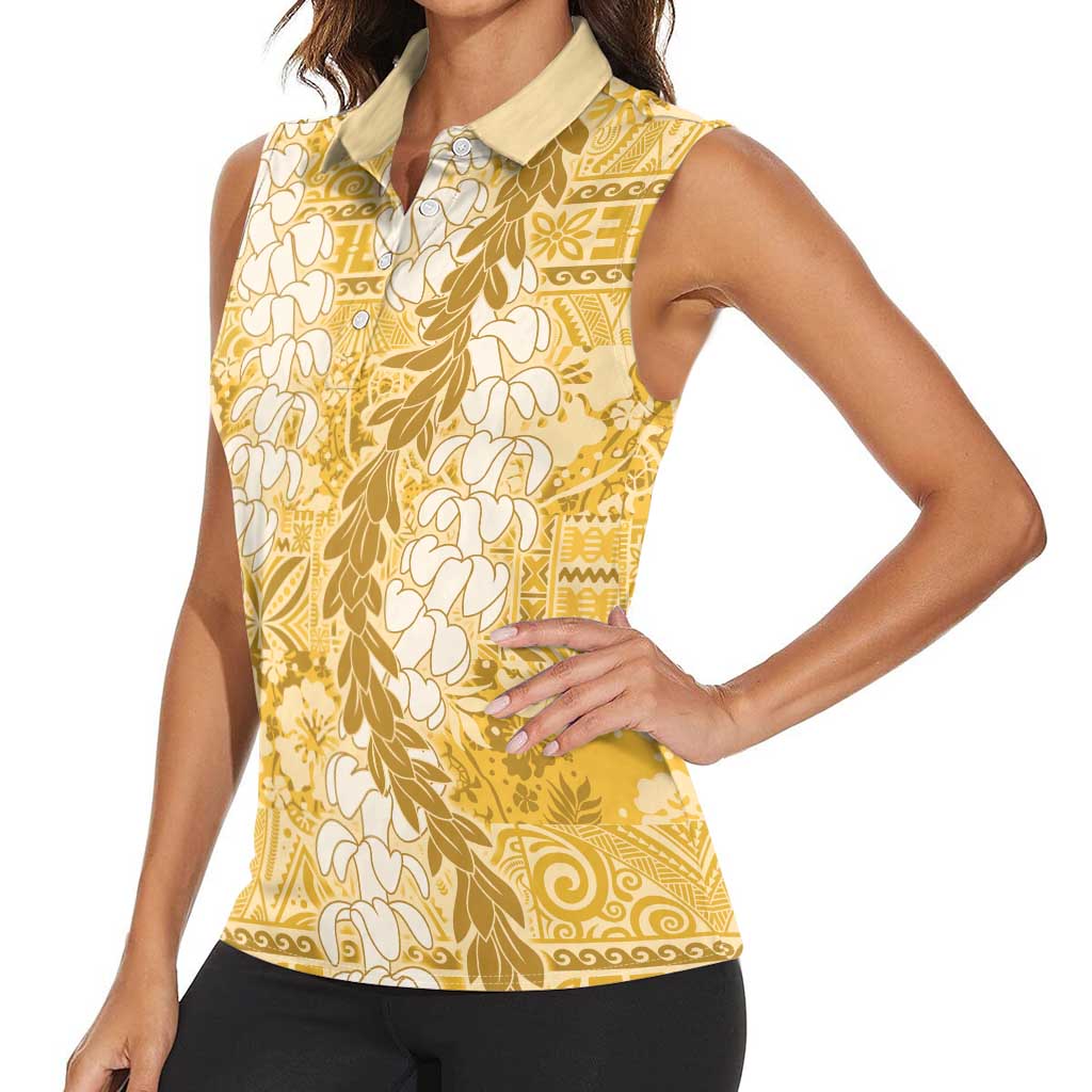 Gold Puakenikeni and Maile Lei Women Sleeveless Polo Shirt Hawaiian Style Tribal Tapa Double Strand Lei